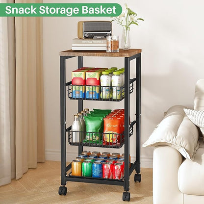 SNTD Fruit Basket Vegetable Stand for Kitchen Pantry, Pull Out Metal Wire Basket with Wood Top for Fruit Vegetable Onions Potatoes Snacks