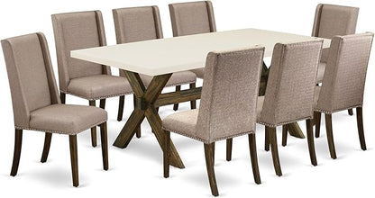 East West Furniture X727FL716-9 9 Piece Modern Dining Table Set Includes a Rectangle Wooden Table with X-Legs and 8 Dark Khaki Linen Fabric Parsons Dining Chairs, 40x72 Inch, Multi-Color