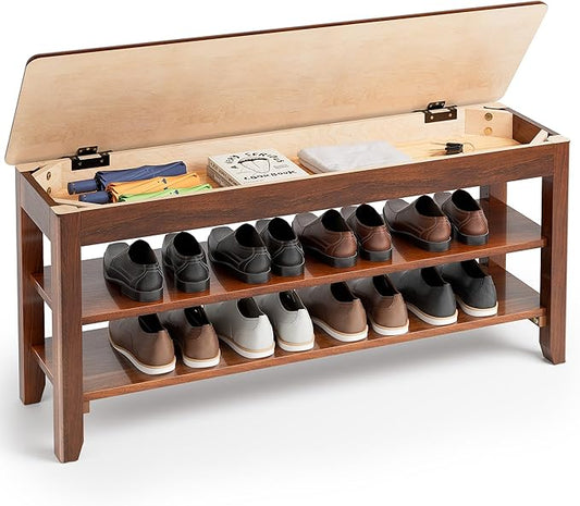 Shoe Storage Bench for Entryway - 3 Tier Shoe Rack for Front Door Entrance, Rubberwood Show Rack, Height Adjustable Entryway Bench with Shoe Storage for Any Room (Walnut, 39.4" W)