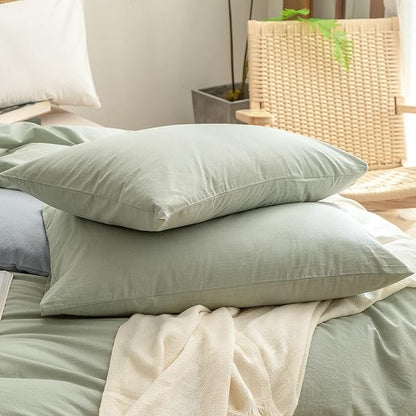 BESTOUCH Duvet Cover Set 100% Washed Cotton Linen Feel Super Soft Comfortable Chic Lightweight 3 PCs Home Bedding Set Solid Sage Green Super Queen