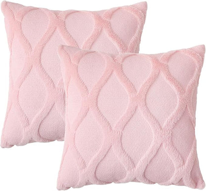 decorUhome Throw Pillow Covers 18x18 Inch Set of 2, Soft Plush Faux Fur Wool Light Pink Couch Pillow Covers, Decorative Neutral Pillow Cases for Bed Sofa Living Room Home Decor