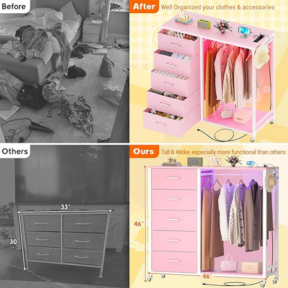 Cyclysio Dresser for Bedroom with Clothes Rack, 5 Fabric Drawers Dresser with Charging Station & LED Lights, Pink Storage Chest of Drawers with Wheels, Wooden Top, Lockable Wheels, Closet, Pink