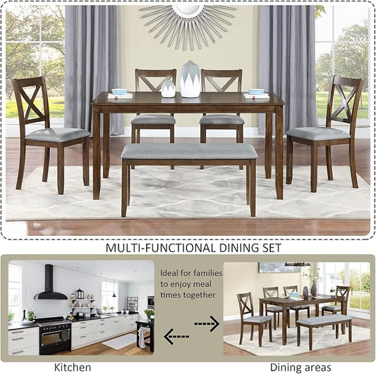 soges 6 Piece Kitchen Dining Set, Rectangular Wooden Dining Table with 4 Upholstered Chairs and a Bench, Dining Table Set for 6 People, Living Room, Home Bar and Kitchen, Walnut