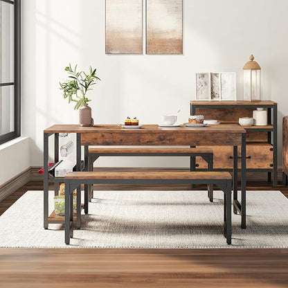 YITAHOME 63" 3 Piece Kitchen Dining Table Set for 4 with Bench & Storage, Farmhouse Rectangle Dining Room Dinner Table with Wine & Glass Holder for Space Saving Brown