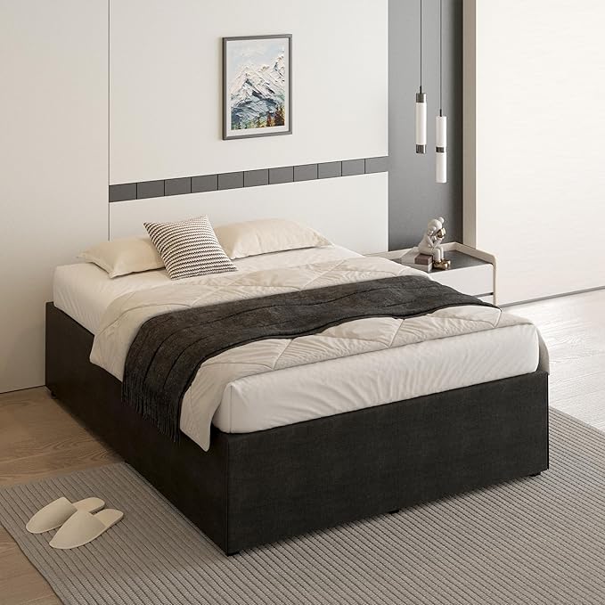 18 Inch Full Size Bed Frame with Black Bed Cover, Metal Bed Frame Full Size No Box Spring Needed, Heavy Duty Mattress Foundation, Easy Assembly, Noise Free