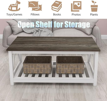 Farmhouse Coffee Table, White OakCoffee Table for Living Room, 2-Tier Rectangular Wooden Centre Cocktail Table with Slats Shelf Storage and V-Shaped Frame Modern Coffee Table Dark Oak