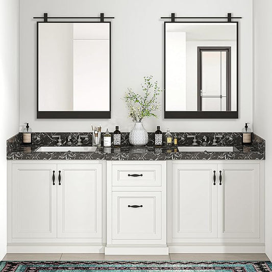 24x32 Inch Rectangle Bathroom Vanity Mirror for Wall Mounted Over Sink Farmhouse Rustic Matte Black Frame Barn Door Mirrors Foyer Entryway Decor