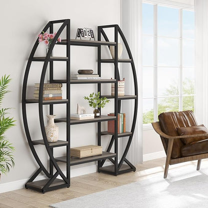 Tribesigns Oval Bookshelf, Triple Wide 5 Tier Etagere Bookcases, Industrial Display Shelves for Living Room (Gray, 55")