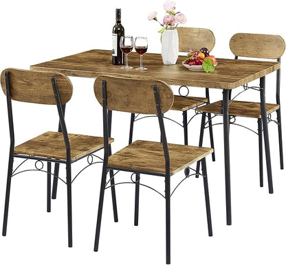 VECELO Kitchen Table Chairs Set for 4, 5 Piece Wood Dining Room Table with 4 Chairs, Perfect for Small Spaces, Compact Kitchen, Breakfast Nook, Brown