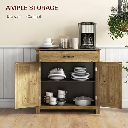 HOMCOM Farmhouse Sideboard Buffet Cabinet, Barn Door Coffee Bar Cabinet with Drawer and Adjustable Shelf, for Living Room, Entryway, Natural Wood