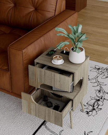 Nightstand with Charging Station and LED Lights,Modern Bedside Table with 2 Storage Drawer,Night Stand with Solid Wood Legs,White (Grey Osk)