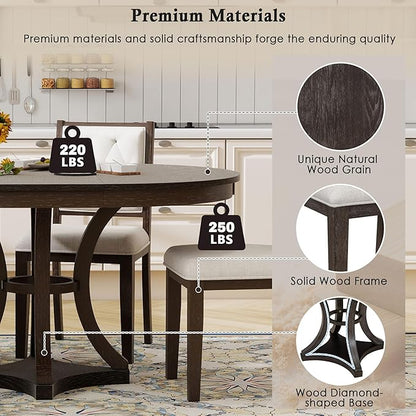 Ball & Cast Retro Dining Table Set for 4 with 4 Upholstered Chairs,5-Piece Wooden Living Room Furniture W/ 42" Round Extendable Kitchen Desk,for Small Space,Apartment,Dining Room,Espresso