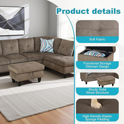 Couches for Living Room Modern L Shaped Couch Comfy Velvet Fabric 3 Pieces Sectional Sofa with Chaise, Ottoman with Storage for Office and Small Apartment, Brown Pineapple
