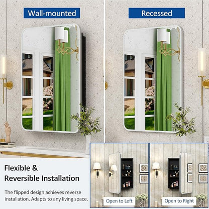 20x28 Inch Brushed Silver Recessed Medicine Cabinet with Mirror Metal Framed Surface Wall Mounted Bathroom Medicine Cabinet Mirror with Storage