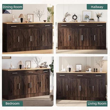Shintenchi Sideboard Buffet Cabinet with Storage,53.4" Large Kitchen Buffet Storage Cabinet with 3 Drawers and 4 Doors,Wood Farmhouse Sideboard with Adjustable Shelf for Kitchen, Living Room,Brown