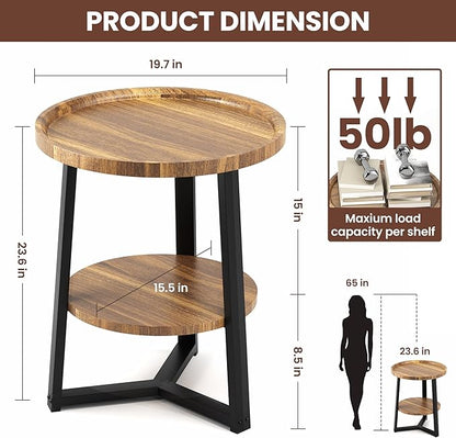 PPAMAPIC Round End Table, 2 Tier Side Table with Storage Shelf, Nightstand Accent Table for Living Room Bedroom Small Space, Black Metal Frame, 19.7" D x 23.6" H, Rustic Brown