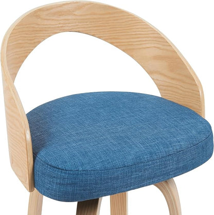 Sonia Modern Swivel Counter Height Bar Stool with Blue Upholstered Seat and Patterned Oak Wood Finish Set of 3
