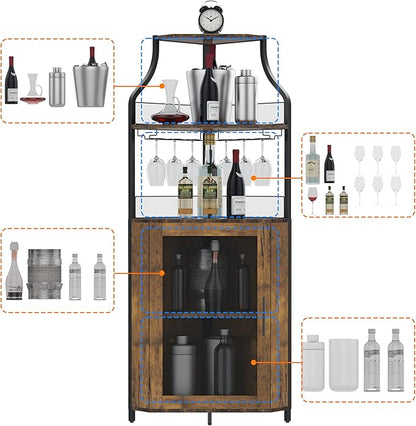 GarveeHome Corner Wine Cabinet with Detachable Wine Rack, 5-Tier Industrial Corner Bar Cabinet with Barn Door and Glass Holder, Farmhouse Buffet Cabinet and Home Bar, Rustic Brown