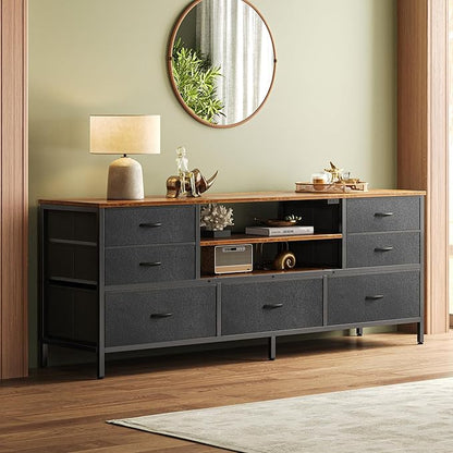 Huuger TV Stand Dresser with Power Outlets and LED Lights, 7 Drawers Entertainment Center for 60 Inch TV, TV Console with Open Shelf, 55 Inches Wide Fabric Dresser, PU Leather, Rustic Brown and Black