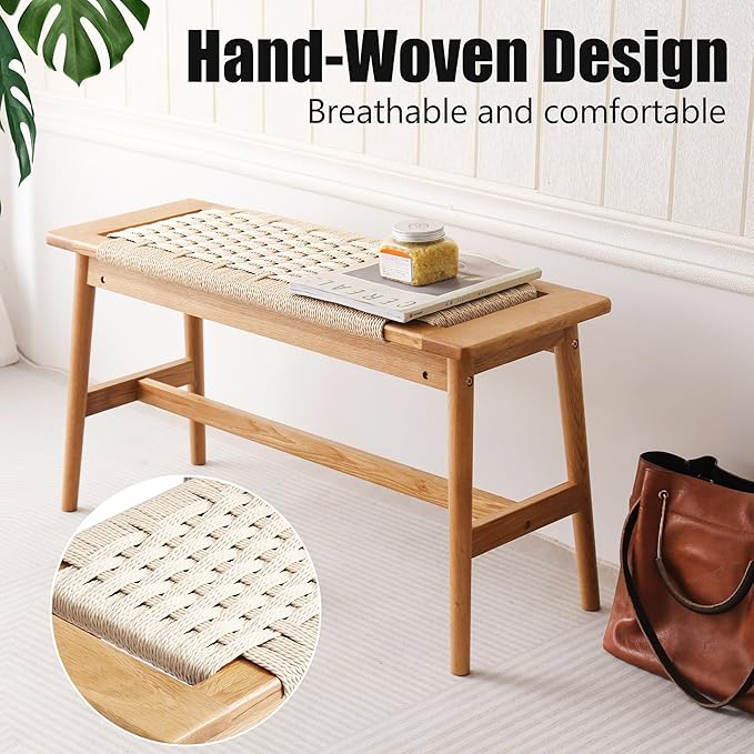 33.5" L Wood Dining Bench Indoor, 100% Natural Solid Oak Bed Bench Hand Woven Enterway Bench Small Bench for Dining Room, Bedroom, Kitchen (Creamy White)