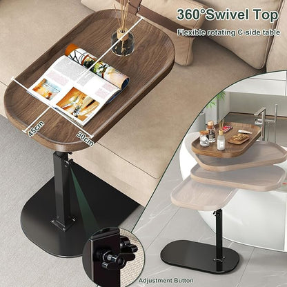 C Shaped Side Table Adjustable Height, 360°Swivel C Shaped End Table, Couch Side Tables That Slide Under, Small Coffee C Table End Table for Sofa/Bed/Bathtub, Rotating Elevate Tabletop (Wood)
