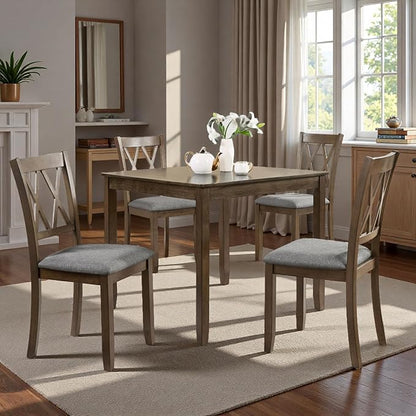 Dining Table Set, Wooden Kitchen Table Set with Square Table, 4 Vertical X Backrest Upholstered Chairs, Table and Chairs with Non-Slip Feetmats for 4 People, Living Room and Kitchen, Walnut
