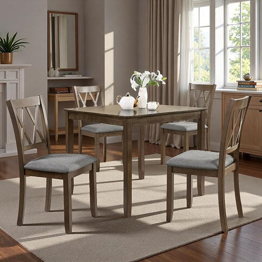 Dining Table Set, Wooden Kitchen Table Set with Square Table, 4 Vertical X Backrest Upholstered Chairs, Table and Chairs with Non-Slip Feetmats for 4 People, Living Room and Kitchen, Walnut