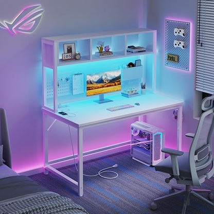 White Computer Desk with Hutch and Pegboard - Computer Desk with Power Outlets, 47 Inch Modern Study Teen Desk with Pegboard Storage Bag, Hooks and Side Bag,Writing Desk for Bedroom Home Office