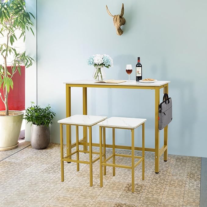 Finnhomy Bar Table Set, 47" Pub Table High Top Table, Rectangular Bar Height Table, Bar Table with Stools, Kitchen Table Set for 2, Industrial Breakfast for Kitchen, Living Room, Gold