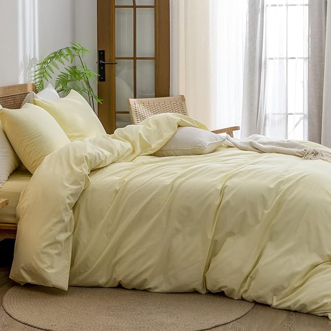 BESTOUCH Duvet Cover Set 100% Washed Cotton Linen Feel Super Soft Comfortable Chic Lightweight 3 PCs Home Bedding Set Solid Light Yellow King