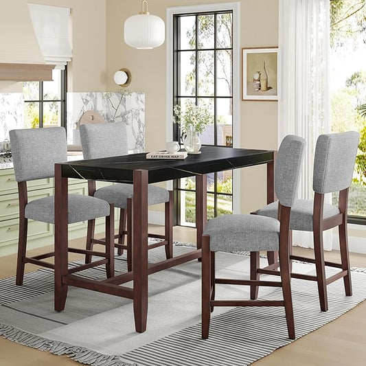 Ball & Cast 5-Piece Dining Table Set for 4,Kitchen Table Set W/Faux Marble Bar Table,Counter Height Living Room Furniture W/ 4 Upholstered Chairs,for Dining Room,Pub Kitchen,Small Place,Black+ Gray
