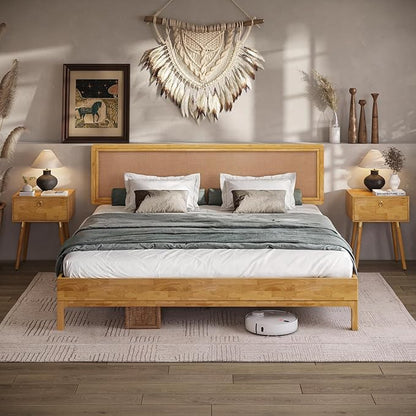 Nipe Platform Bed Frame with Headboard Size King - Light Natural - Solid Rubber