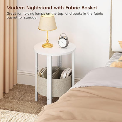 VAGUSICC Small Round Side Table End Table with Storage Basket, Tall Accent Coffee Table Round Nightstand, Set of 2 Half Round Tables Half Moon Tables, Sofa Bedside Table for Living Room Bedroom, White