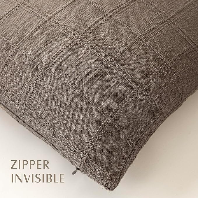 Foindtower Set of 2 Decorative Linen Check Throw Pillow Covers Neutral Farmhouse Vintage Cushion Covers Modern Boho Home Decor for Sofa Chair Couch Bedroom Living Room Outdoor,24×24 Inch,Taupe Grey