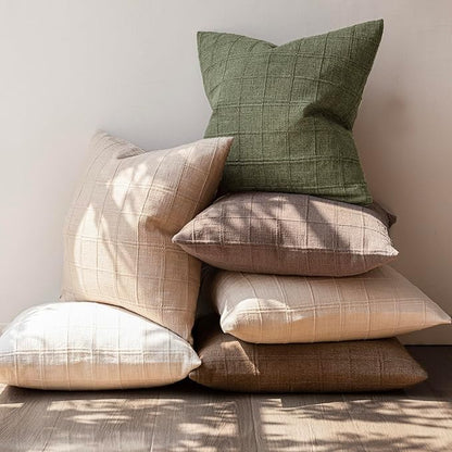 Foindtower Set of 2 Decorative Linen Check Throw Pillow Covers Neutral Farmhouse Vintage Cushion Covers Modern Boho Home Decor for Sofa Chair Couch Bedroom Living Room Outdoor,26×26 Inch,Sage Green