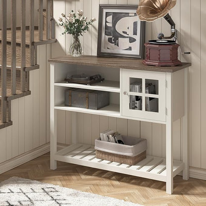 ChooChoo Farmhouse Coffee Bar Cabinet, Buffet Cabinet with Storage, Sideboard Buffet with Glass Door, Console Table for Kitchen, Hallway, Entrance, White