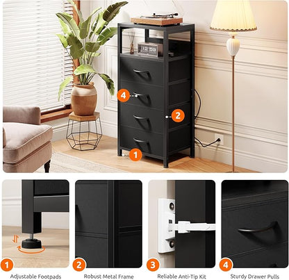 NightStand Bedside Charging Table Bedroom - Black Night Stand with Charger Station, Modern Bed Side End Table with Open Shelf & 4 Fabric Drawers, USB-C USB Ports & AC Outlets for Dorm Living Room