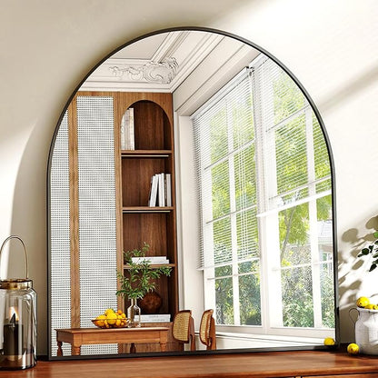 31"x32" Arched Wall Mirror for Bathroom, Black Vanity Mirror for Bedroom, Living Room, Entryway, Decorative Hanging Mirror for Wall