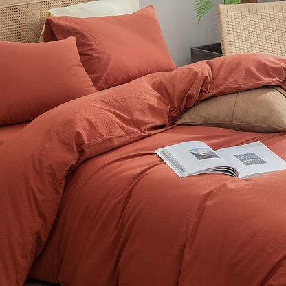 BESTOUCH Duvet Cover Set 100% Washed Cotton Linen Feel Super Soft Comfortable Chic Lightweight 3 PCs Home Bedding Set Solid Burnt Brick Red Full/Double