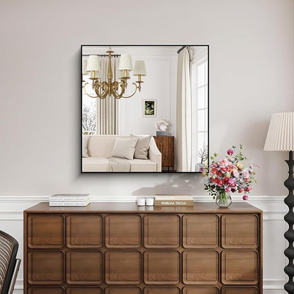 KOCUUY 36x36 Inch Large Black Wall Mounted Mirror,Aluminum Framed Decorative Rectangular Bathroom Mirror for Wall Over Sink,Vanity Mirror for Bedroom Living Room Bathroom,Functional Oversized Mirror
