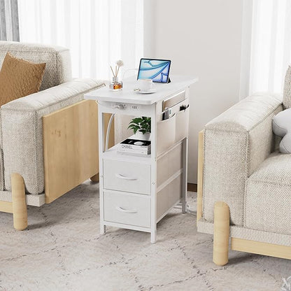 Small Side Table with Charging Station, Narrow Nightstand Bedside Tables with Storage Pocket for Living Room Bedroom, Sofa End Table with USB Ports and Power Outlets for Small Spaces
