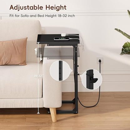 Vagusicc C Shaped End Table with Charging Station, 33" Tall Side Table for Couch, C Table Adjustable Height Small Couch Side Tables, Slide Under Sofa Table TV Tray Tables for Living Room,Bedroom,Black