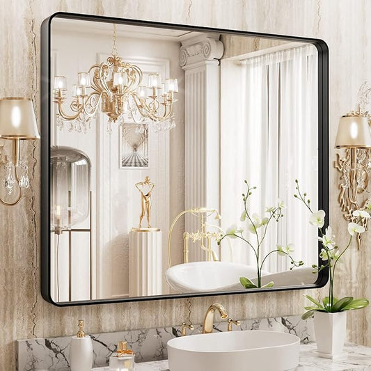 WEER Black Bathroom Mirror, 40X32 Inch Rectangular Matte Black Metal Framed for Wall, Farmhouse Bathroom Vanity Mirror with Tempered Glass, Rounded Corner, Anti-Rust (Horizontal/Vertical)