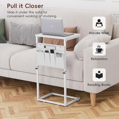 Vagusicc C Shaped End Table, 33" Tall Side Table for Couch, Adjustable Height Small Couch Side Table for Small Spaces, C Table End Table Slide Under Sofa Table TV Tray for Living Room Bedroom, White