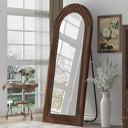 Arched Full Length Mirror with Solid Wood Frame, 65x22 Farmhouse Wall Mounted Floor Mirror with Stand, Vertical Hanging, Leaning Standing for Bedroom, Living Room, Brown