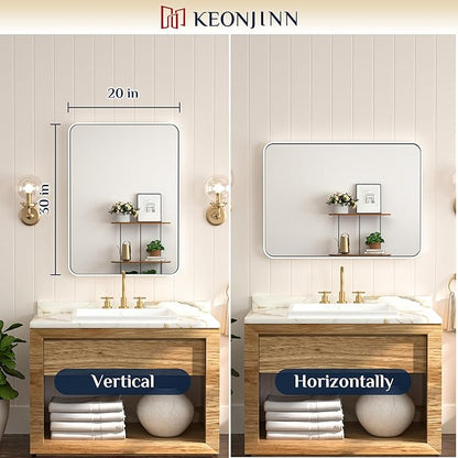 Keonjinn White Framed Mirrors for Bathroom 20 x 30 Inch Rounded Rectangle Bathroom Mirrors for Wall, White Farmhouse Mirror for Home Decor, HD Tempered Glass, Seamless Metal Frame(Horizontal/Vertical)