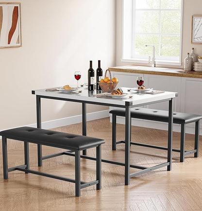 Dining Table Set for 4, Kitchen Table with 2 Upholstered Benches, 3-Piece Dining Room Set for Kitchen, Apartment and Small Spaces, Marble White