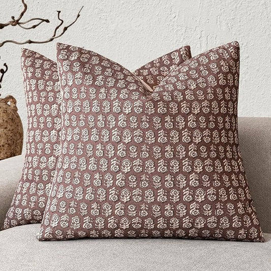 Foindtower Set of 2 Decorative Vintage Floral Print Throw Pillow Covers Neutral Modern Farmhouse Cushion Covers Boho Home Decor for Sofa Couch Chair Bedroom Living Room Outdoor,22×22 Inch,Wine Red
