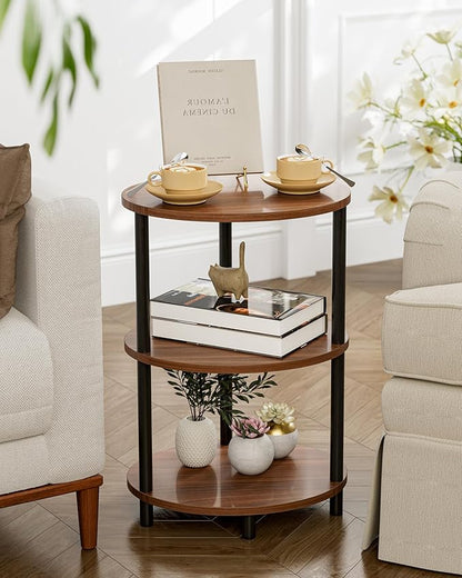 Small Round Side Table - 3-Tier Oval Accent Table for Small Spaces, Rustic Wood and Metal Couch End Table, Nightstand for Bedroom or End Table Living Room, Set of 2, Rustic Walnut