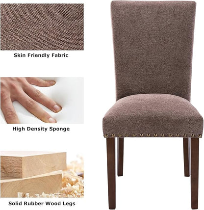 COLAMY Upholstered Parsons Dining Chairs Set of 2, Fabric Dining Room Kitchen Side Chair with Nailhead Trim and Wood Legs - Brown